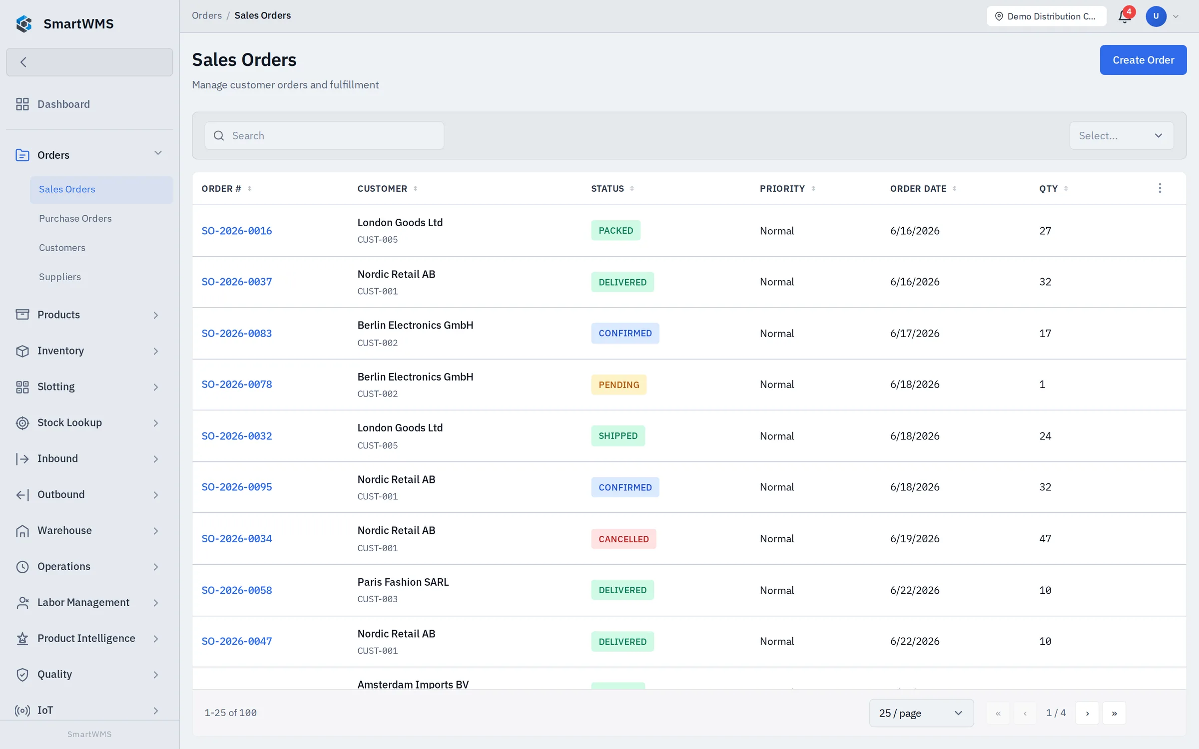 SmartWMS sales orders on a desktop: order number, customer, status from confirmed to shipped