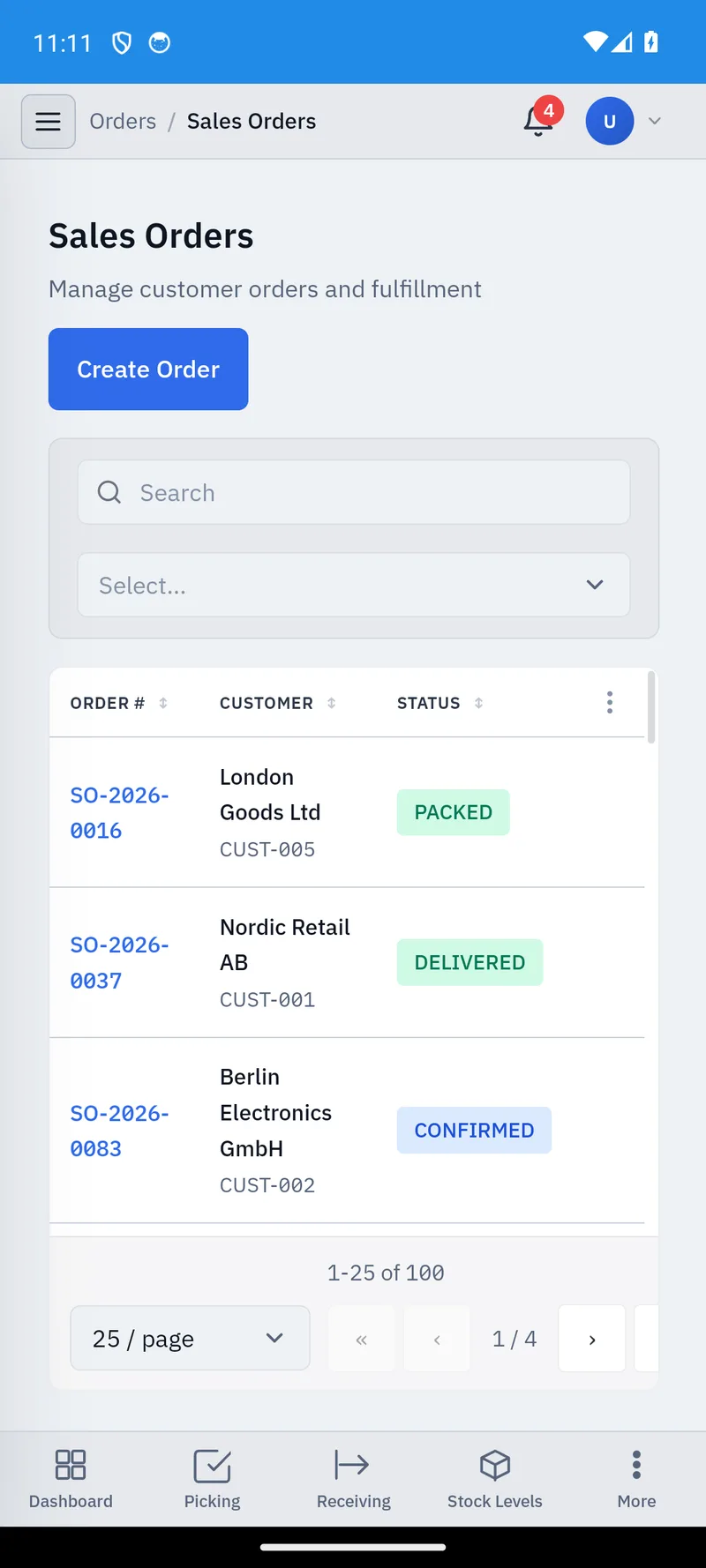 SmartWMS on an Android phone: sales orders with packed, delivered and confirmed statuses